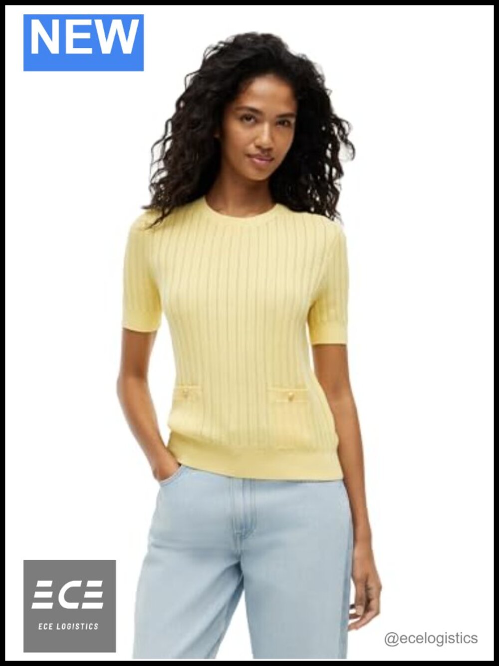 Pointelle Short Sleeve Cotton Crew Neck Sweater